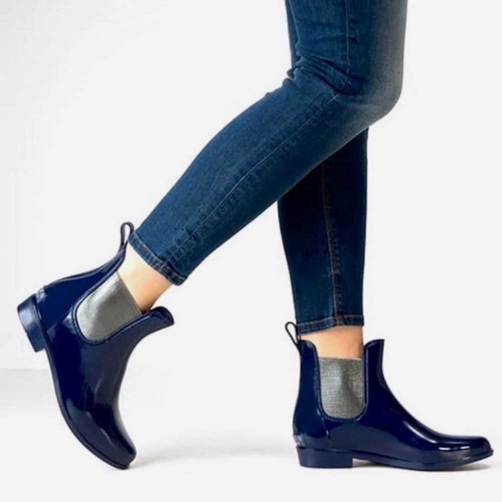 Ralph Lauren Black Glossy Chelsea Rain Boots with Silver Elastic